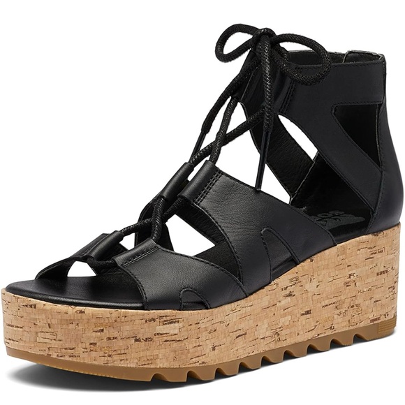 Sorel Cameron Platform Black Wedge Sandals - Picture 3 of 7